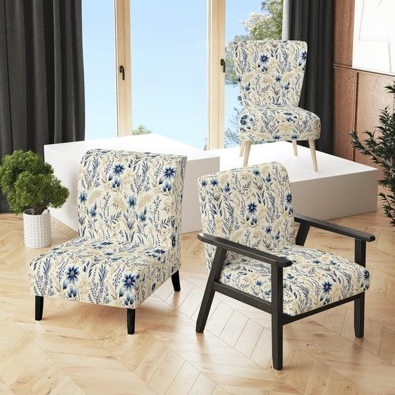 Designart "Blue Flower Ferns" Upholstered Bohemian & Eclectic Accent Chair and Boho Arm Chair - Multiple Color & Pattern