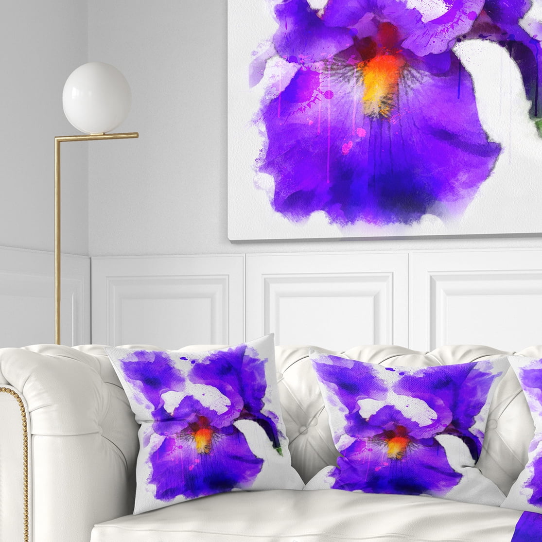 Designart Blue Flower and Watercolor Splashes - Floral Throw Pillow - 16x16