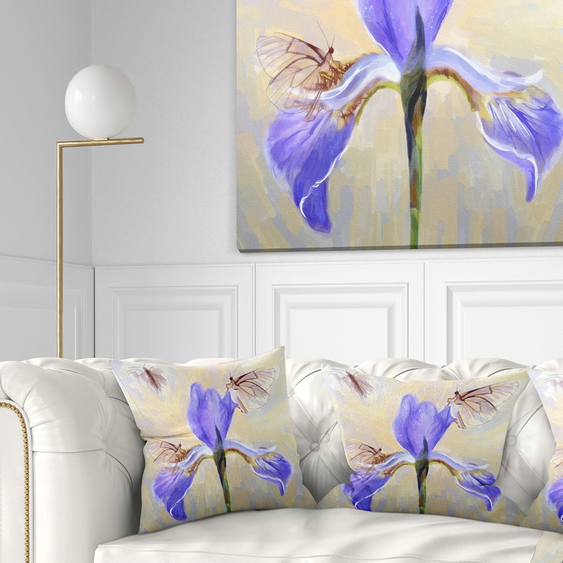 Designart Blue Flower with Butterflies Sketch - Floral Throw Pillow - 16x16