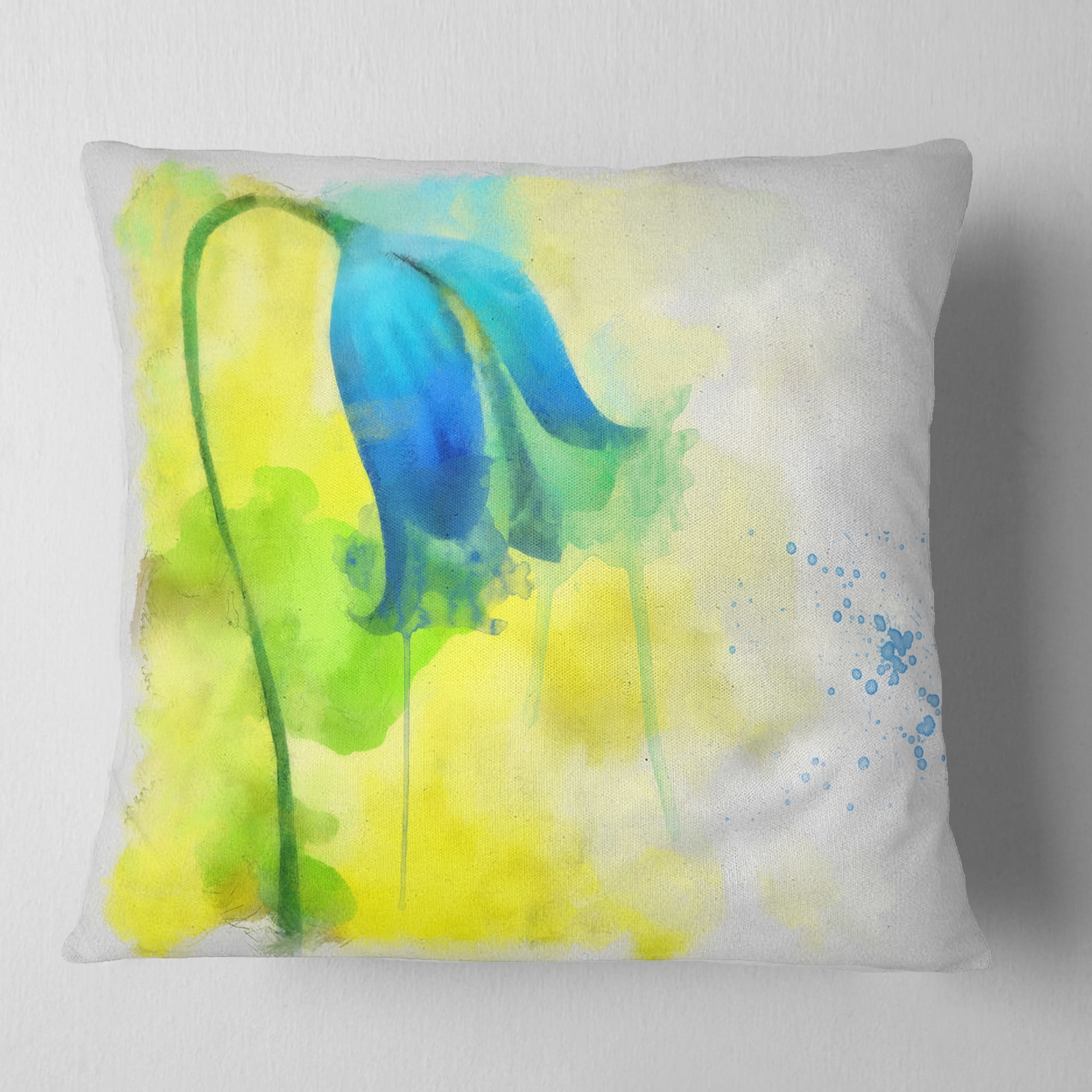 Designart Blue Flower with Yellow Splashes - Floral Throw Pillow - 16x16