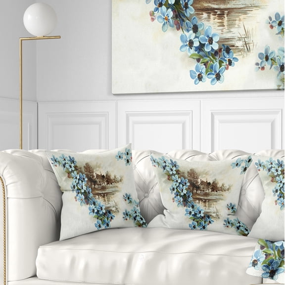 Designart Blue Flowers Illustration - Floral Throw Pillow - 18x18