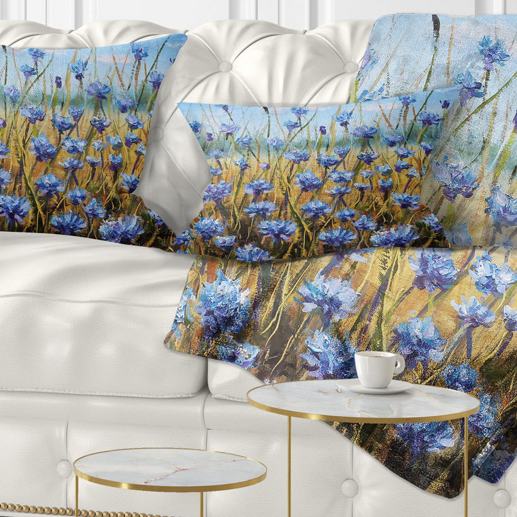 Designart Blue Flowers in Meadow Painting - Floral Painting Throw Pillow - 12x20