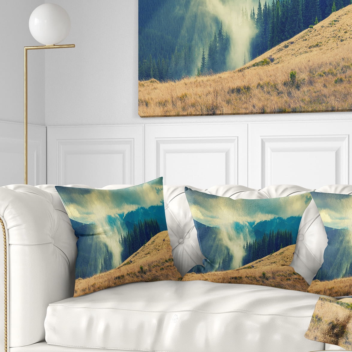 Designart Blue Forest in Fog - Landscape Photography Throw Pillow - 18x18