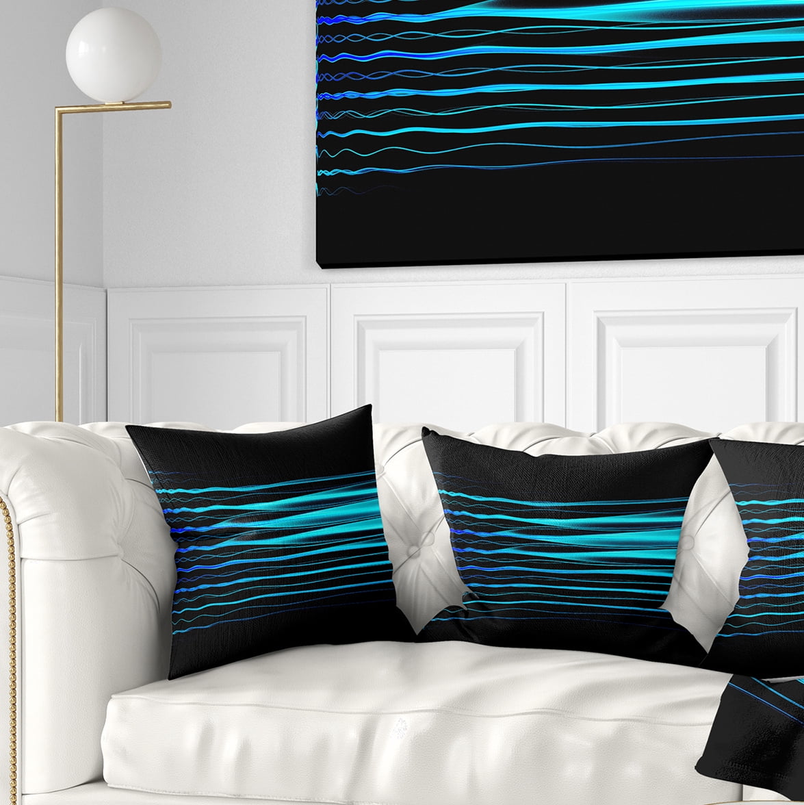Designart Blue Fractal Flames on Black - Abstract Throw Pillow - 16x16