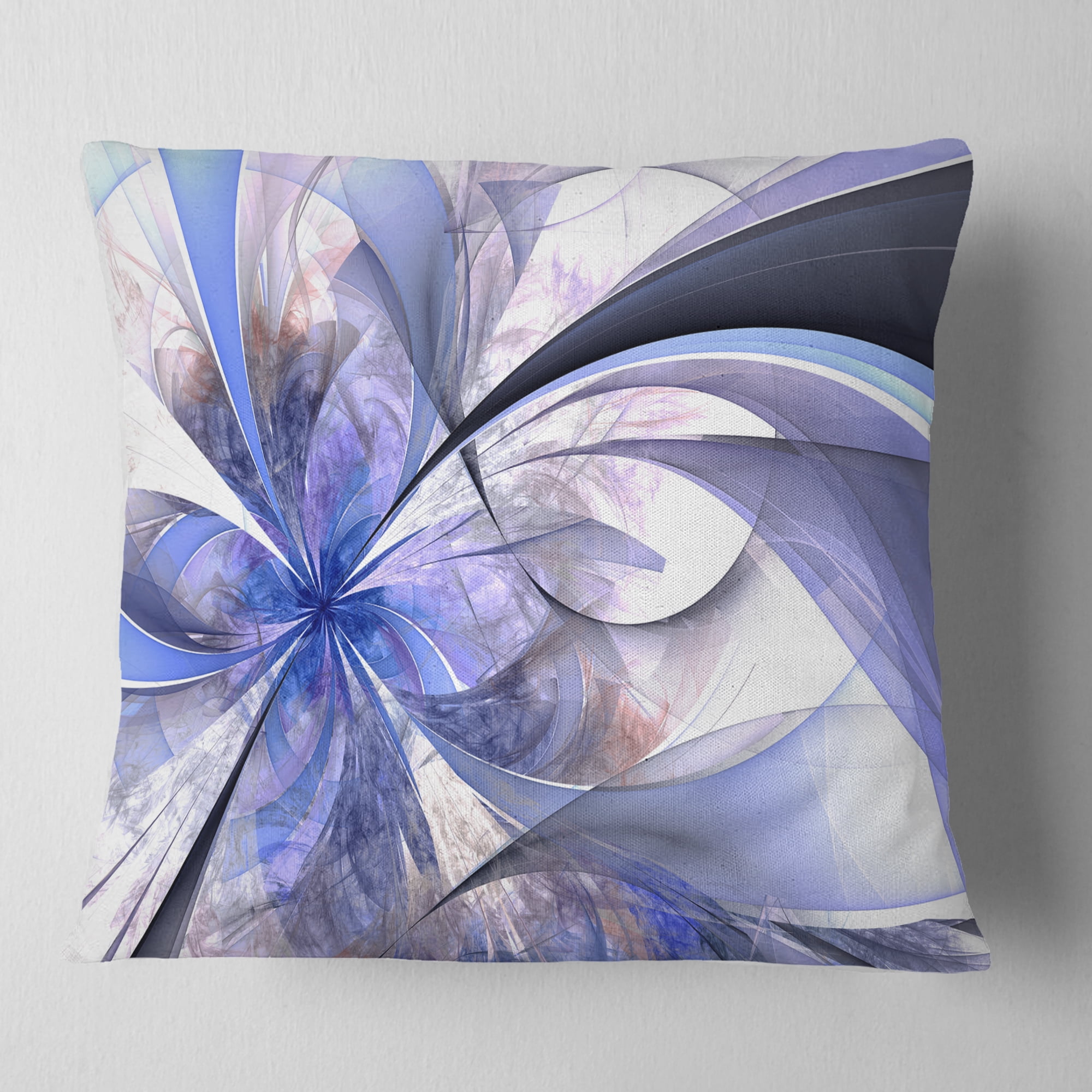 Designart Blue Fractal Flower Design in White - Floral Throw Pillow - 18x18