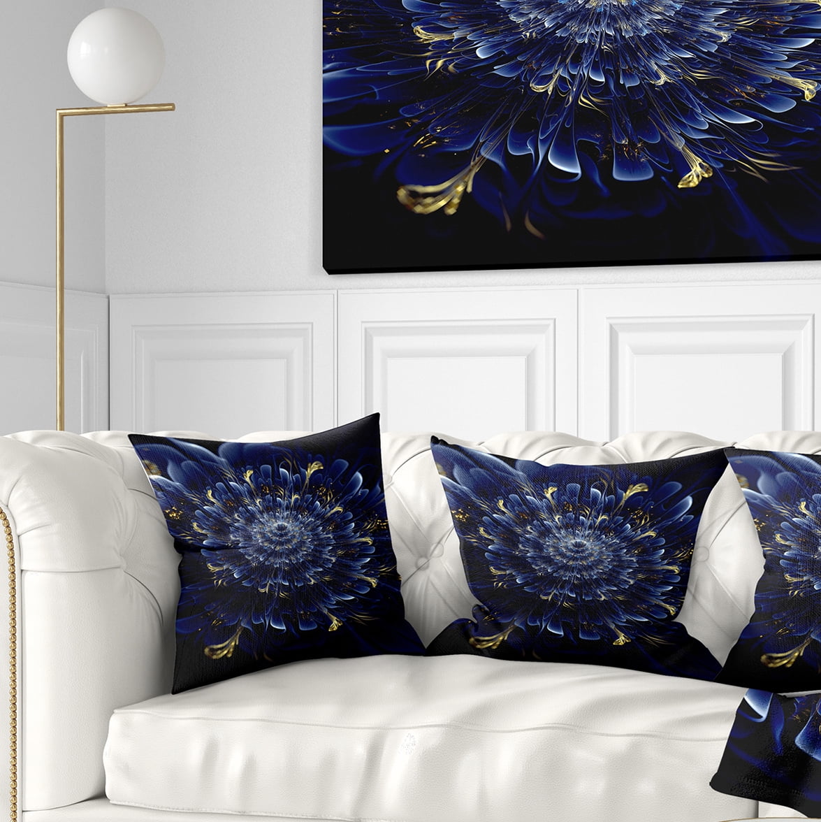 Designart Blue Fractal Flower - Floral Throw Pillow - 16x16