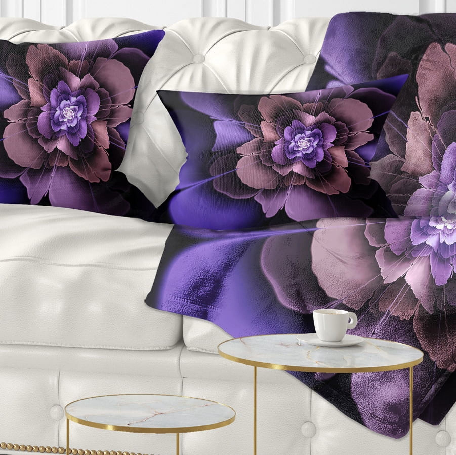 Designart Blue Fractal Flower in Dark - Floral Throw Pillow - 12x20