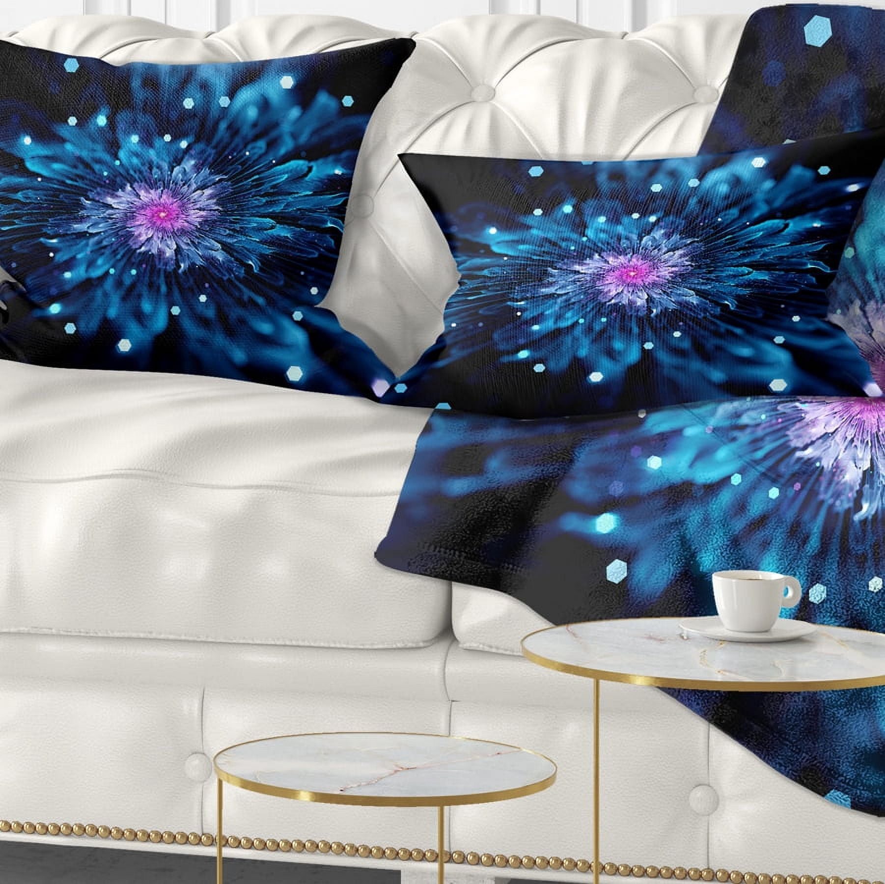 Designart Blue Fractal Flower with Shiny Particles - Flower Throw Pillow - 12x20
