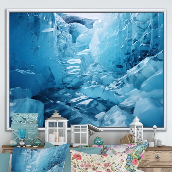 Designart "Blue Glacier Crystal Cascade" Landscapes Floater Framed Canvas Wall Art