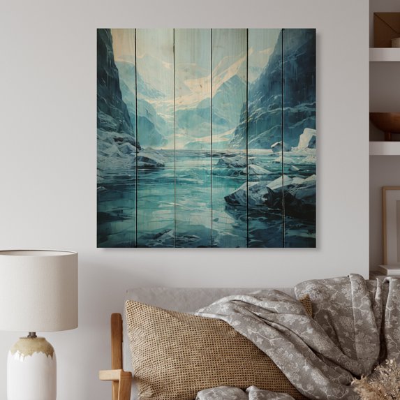 Designart "Blue Glacier Glacial Majesty painting" Landscapes Print on Natural Pine Wood