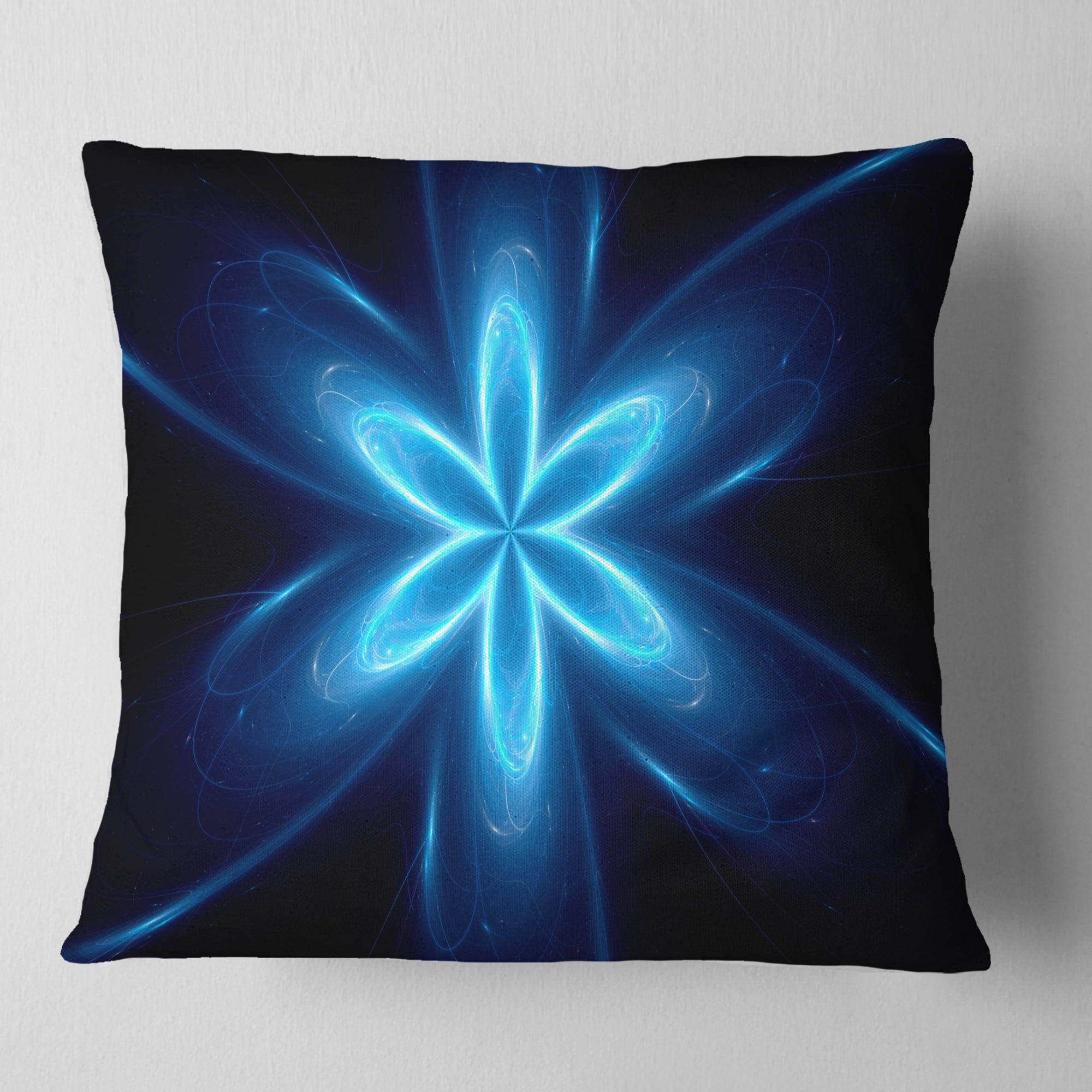 Designart Blue Glowing Space Fractal Flower - Flower Throw Pillow - 16x16