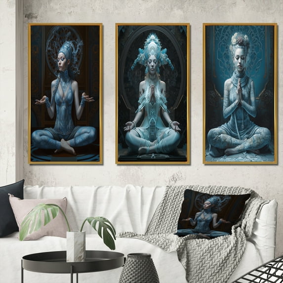 Designart "Blue Goddess Meditation Spiritual Serenity IV" Yoga Framed Wall Art Set Of 3 - Blue Traditional Frame Canvas Set For Living Room Decor