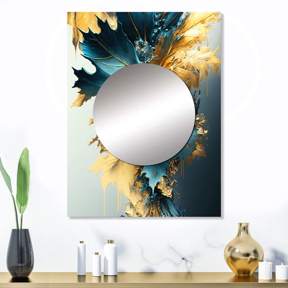 Designart "Blue and Gold Abstract Foliage II" Floral & Botanical Mirror Wall Decor - Traditional Blue Floral Living Room Wall Mirror Art - 32" x 24" Inch