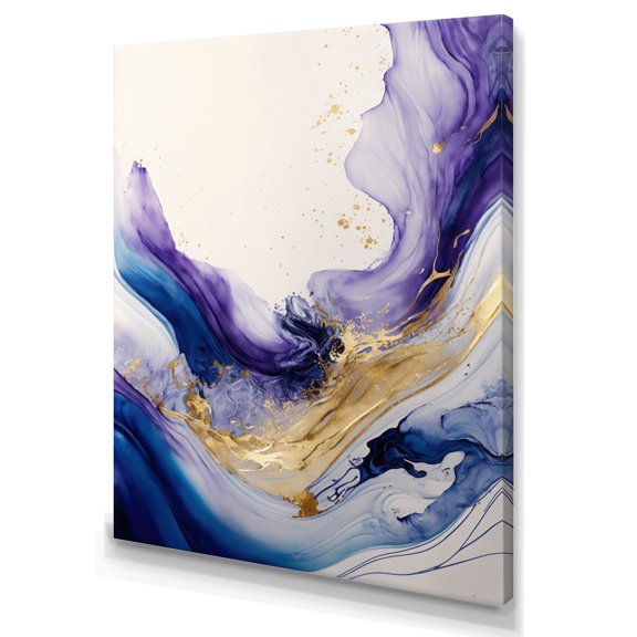 Designart Blue, Gold And Purple Splash Paint I Canvas Wall Art