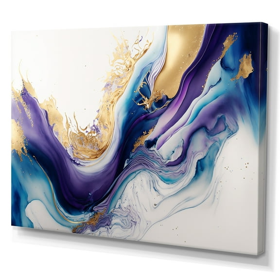 Designart Blue, Gold And Purple Splash Paint III Canvas Wall Art