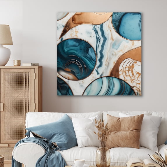 Designart "Blue Gold Half Circle Marble Abstract II" Abstract Marble Canvas Art Print