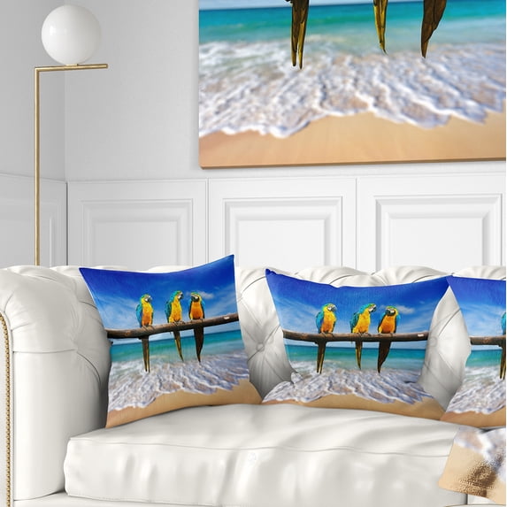 Designart Blue Gold Macaws at Beach - Seashore Photo Throw Pillow - 18x18