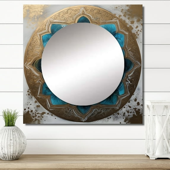 Designart "Blue and Gold Mandala Elegance III" Boho Mandala Square Mirror For Wall Decor - Large Blue Square Mirror Printed Wall Decor - Traditional Square Living Room Mirror