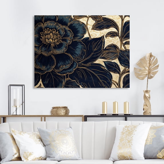 Designart "Blue Gold Peonies Celebration IX" Floral Peony Canvas Print