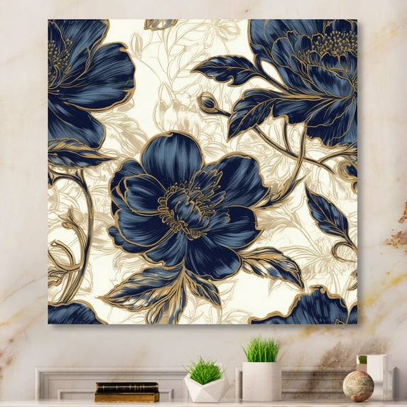 Designart "Blue Gold Peonies Celebration VII" Floral Peony Wall Art For Kitchen