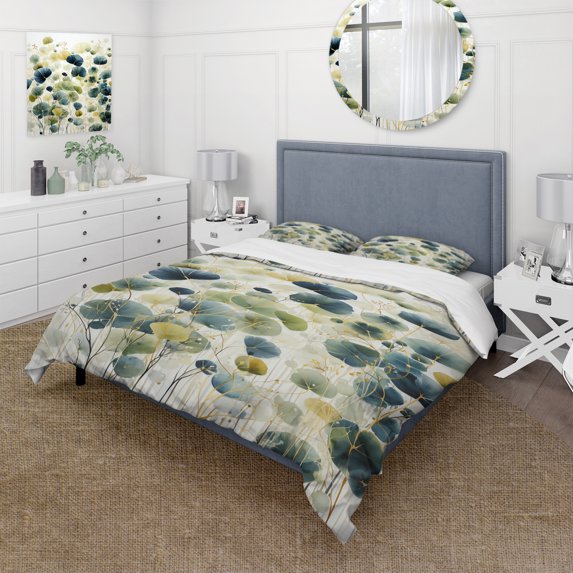 Designart "Blue Green Botanical gracefulness" Abstract Bedding Covert Set - Abstract Botanicals Blue Modern Bed Set With 1 Sham
