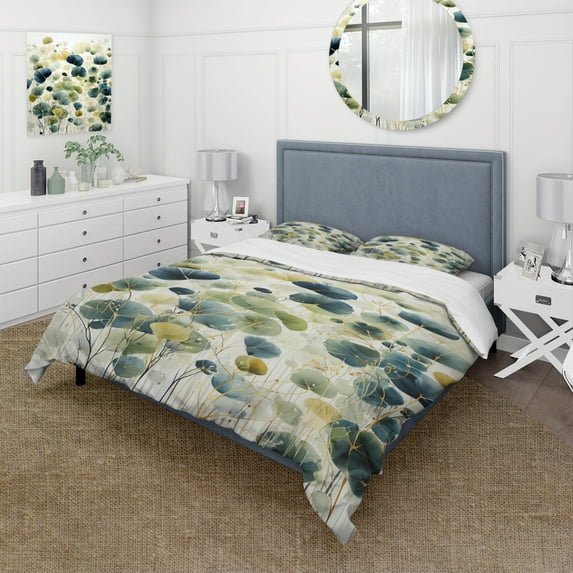 Designart "Blue Green Botanical gracefulness" Abstract Bedding Covert Set - Abstract Botanicals Blue Modern Bed Set With 2 Shams