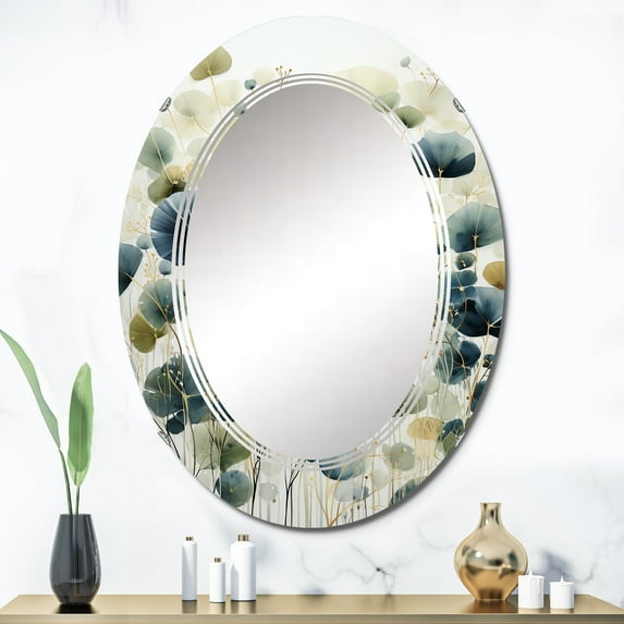 Designart "Blue Green Botanical gracefulness" Abstract Round Wall Mirror - Modern Oval Printed Decorative Oversized Mirror - Multiple Color Options