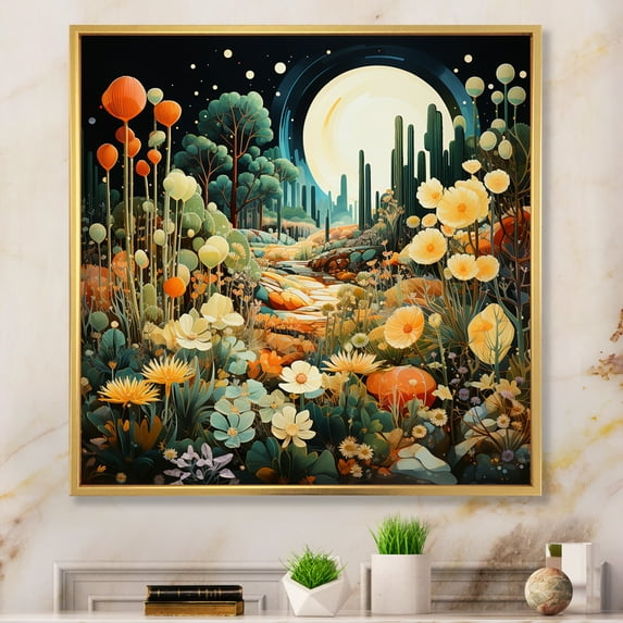 Designart "Blue Green Cactus Oasis" Floral Floater Framed Canvas Art Print