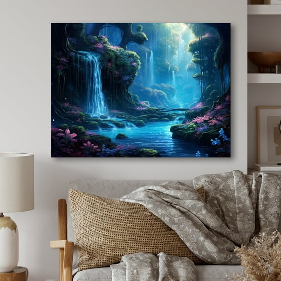 Designart "Blue Green Calming Waterfall Aquatic Tranquility" Lakes & Rivers Metal Wall Art