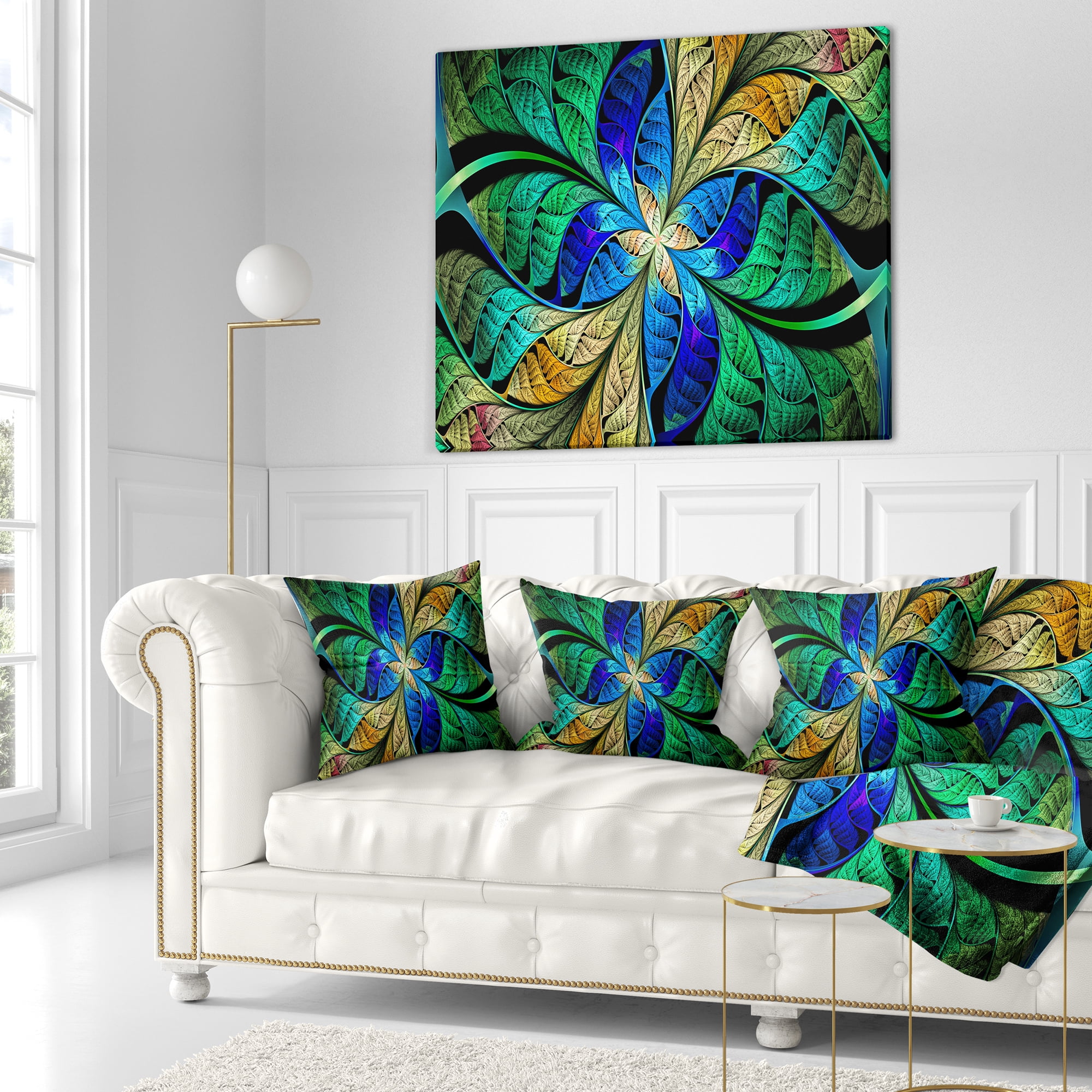 Designart Blue Green Fractal Flower Petals - Abstract Throw Pillow - 16x16