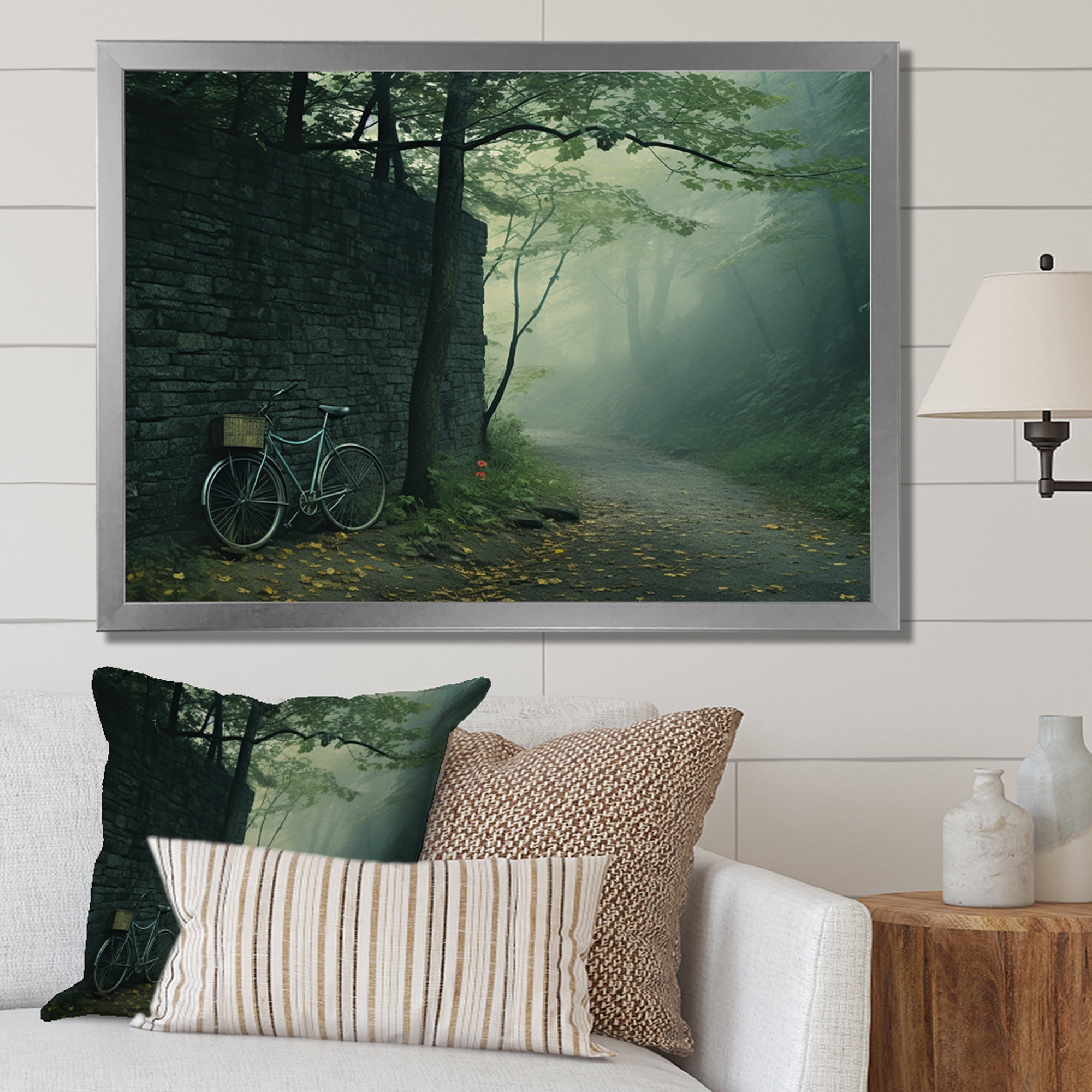 Designart "BlueGreen Journey I" Bicycle Picture Framed Canvas Prints