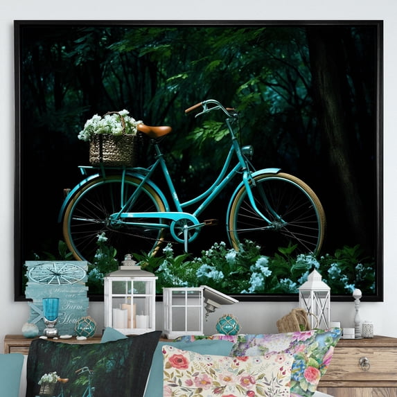 Designart "Blue-Green Journey II" Bicycle Floater Framed Wall Decor