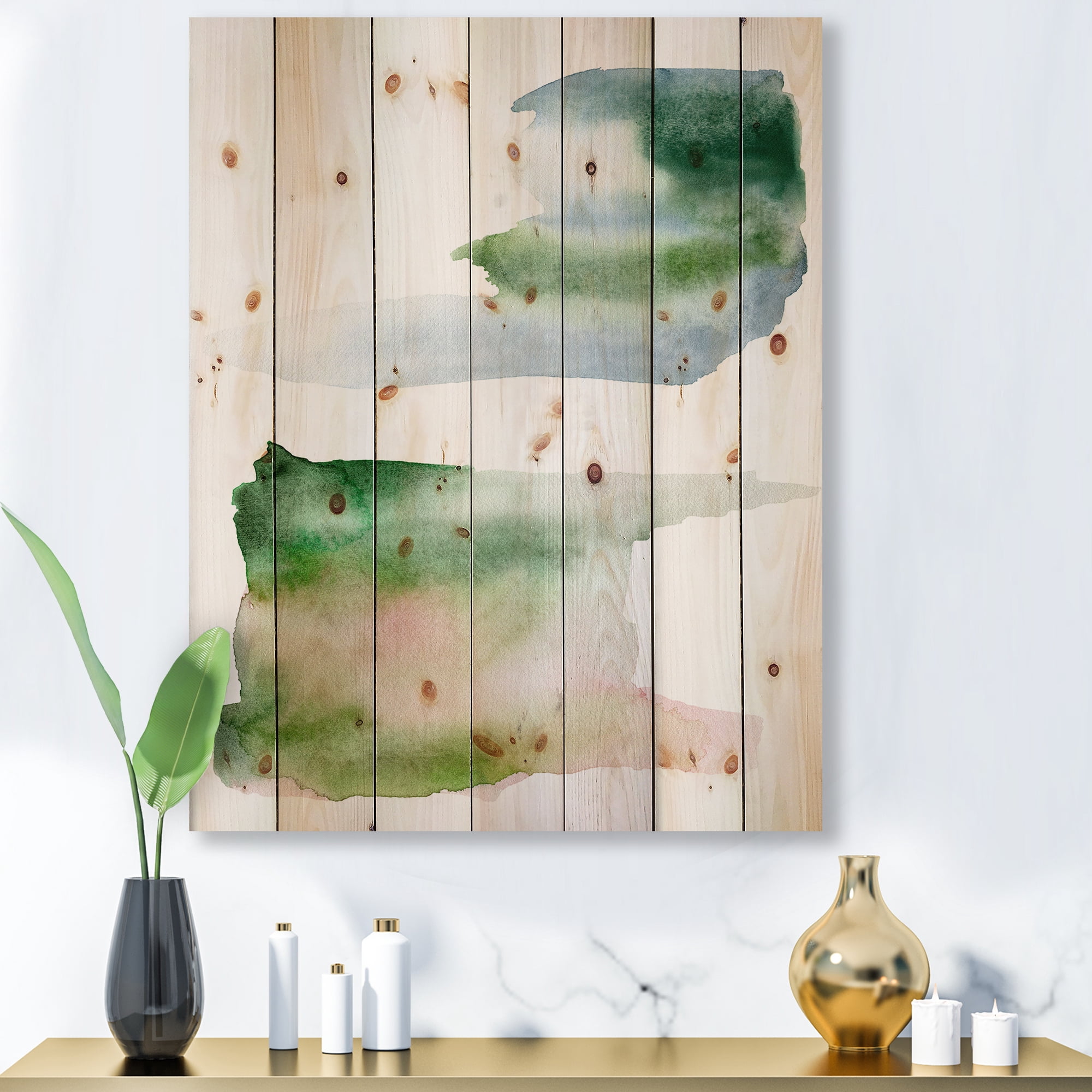 Designart 'Blue Green and Pink Spots Clouds' Modern Print on Natural Pine Wood