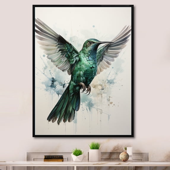 Designart "Blue Grey Hummingbird Enchanting Hum" Animals Floater Framed Canvas Wall Art