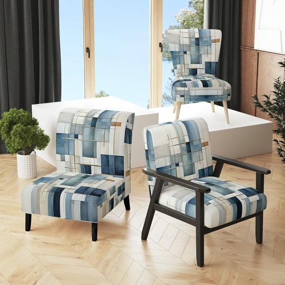 Designart "Blue Grey Line Art modern Geometrics I" Blue Modern Upholstered Accent Chair - Modern Arm Chair For Living Room