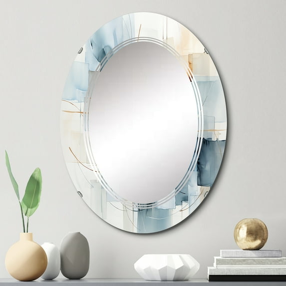 Designart "Blue Grey Line Art modern Geometrics II" Modern Round Wall Mirror - Abstract Oval Printed Decorative Oversized Mirror - Multiple Color Options