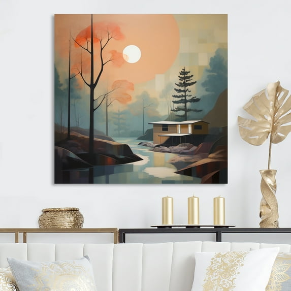 Designart "Blue Grey Mid Century Dreamy River" Mid-century Canvas Wall Art