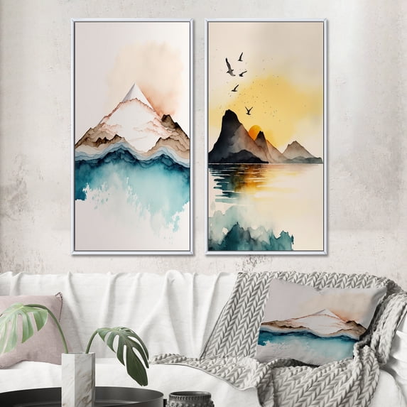 Designart "Blue and Grey Mountain Lake Reflections II" Landscape Mountains Framed Wall Art Set Of 2 - Traditional Blue Framed Canvas Set For Living Room Decor