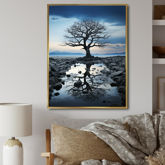 Designart "Blue Grey Tree Silent I" Landscape Trees Floater Framed Canvas Wall Art