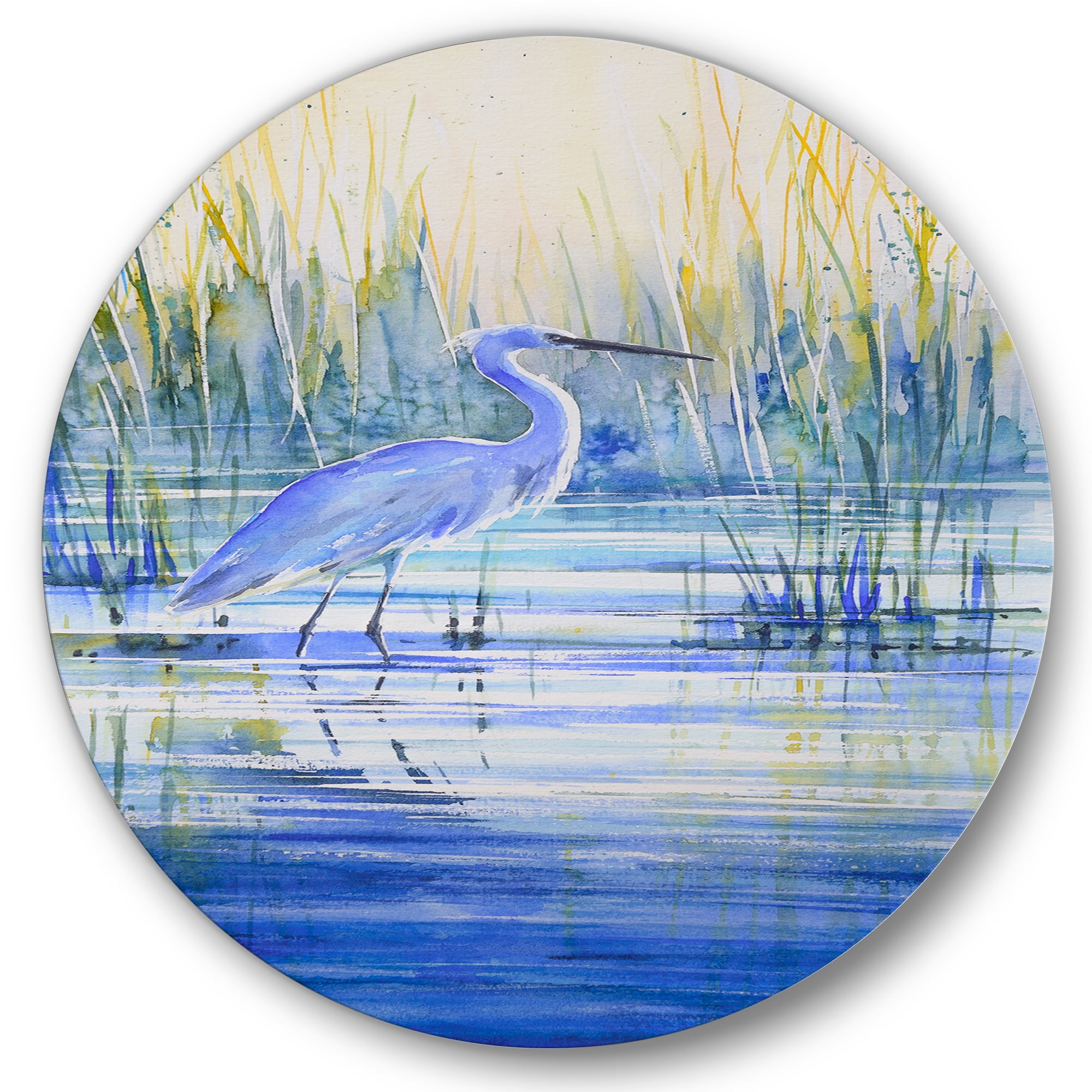 Designart 'Blue Heron On The Lake Shore' Traditional Circle Metal Wall Art 36x36 - Disc of 36