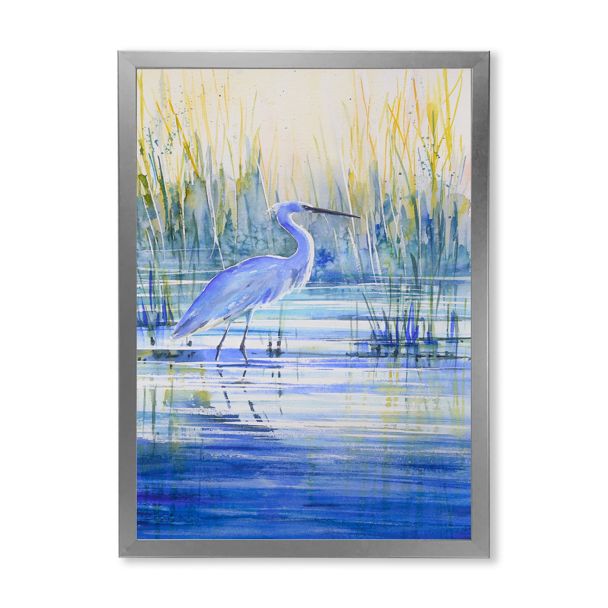 Designart 'Blue Heron On The Lake Shore' Traditional Framed Art Print