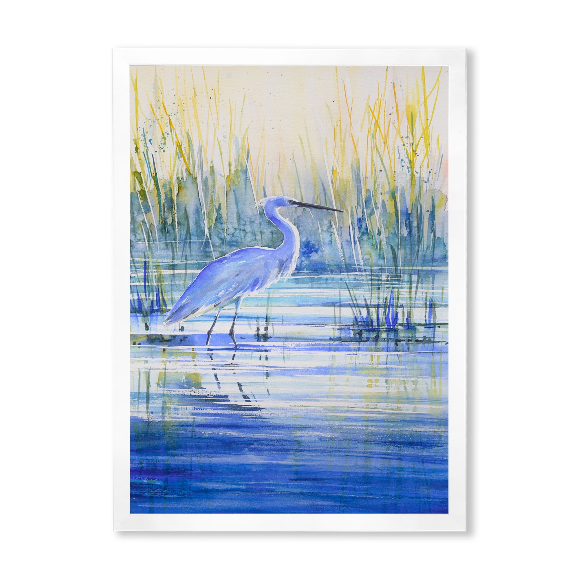 Designart 'Blue Heron On The Lake Shore' Traditional Framed Art Print