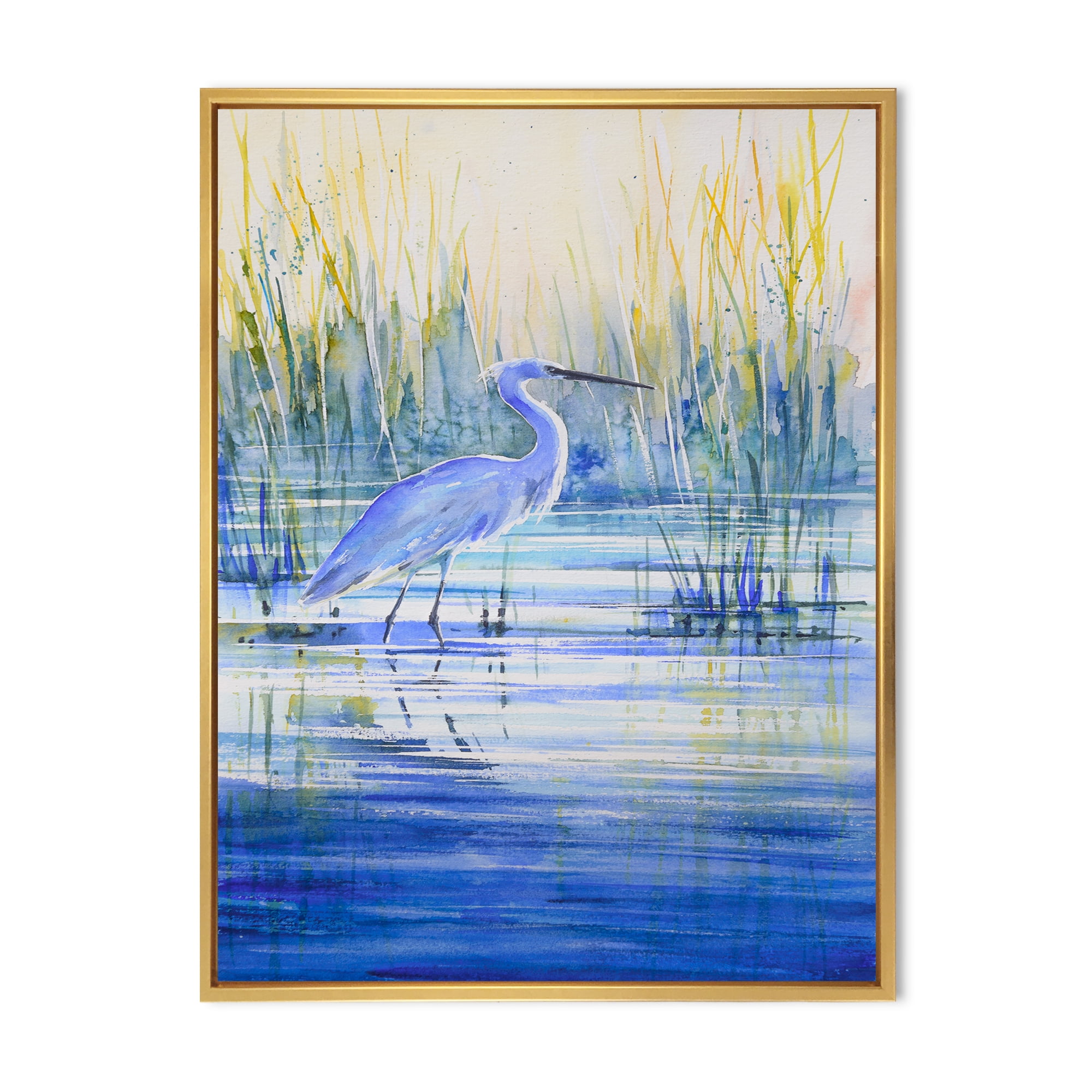 Designart 'Blue Heron On The Lake Shore' Traditional Framed Canvas Wall Art Print