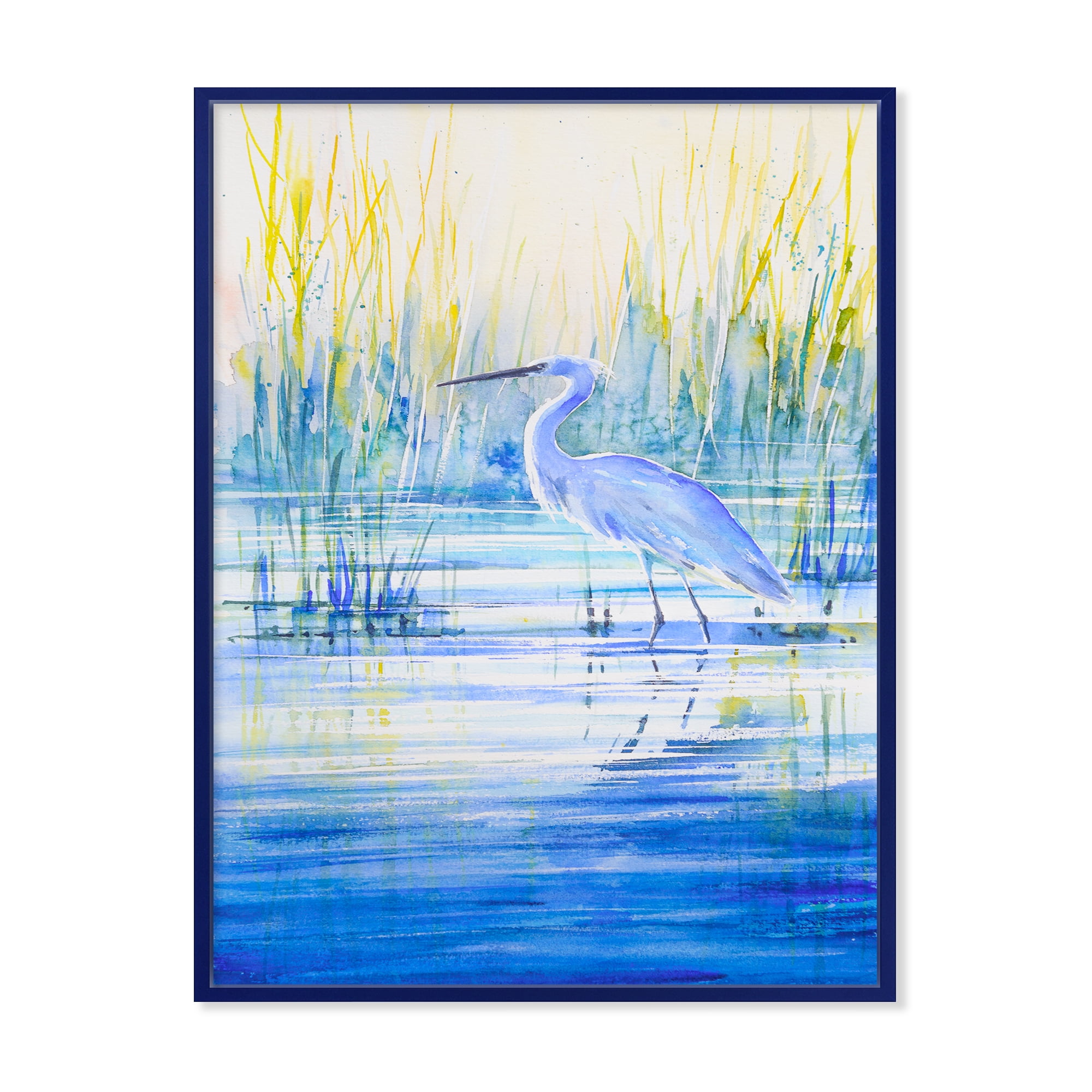 Designart 'Blue Heron On The Lake Shore' Traditional Framed Canvas Wall Art Print
