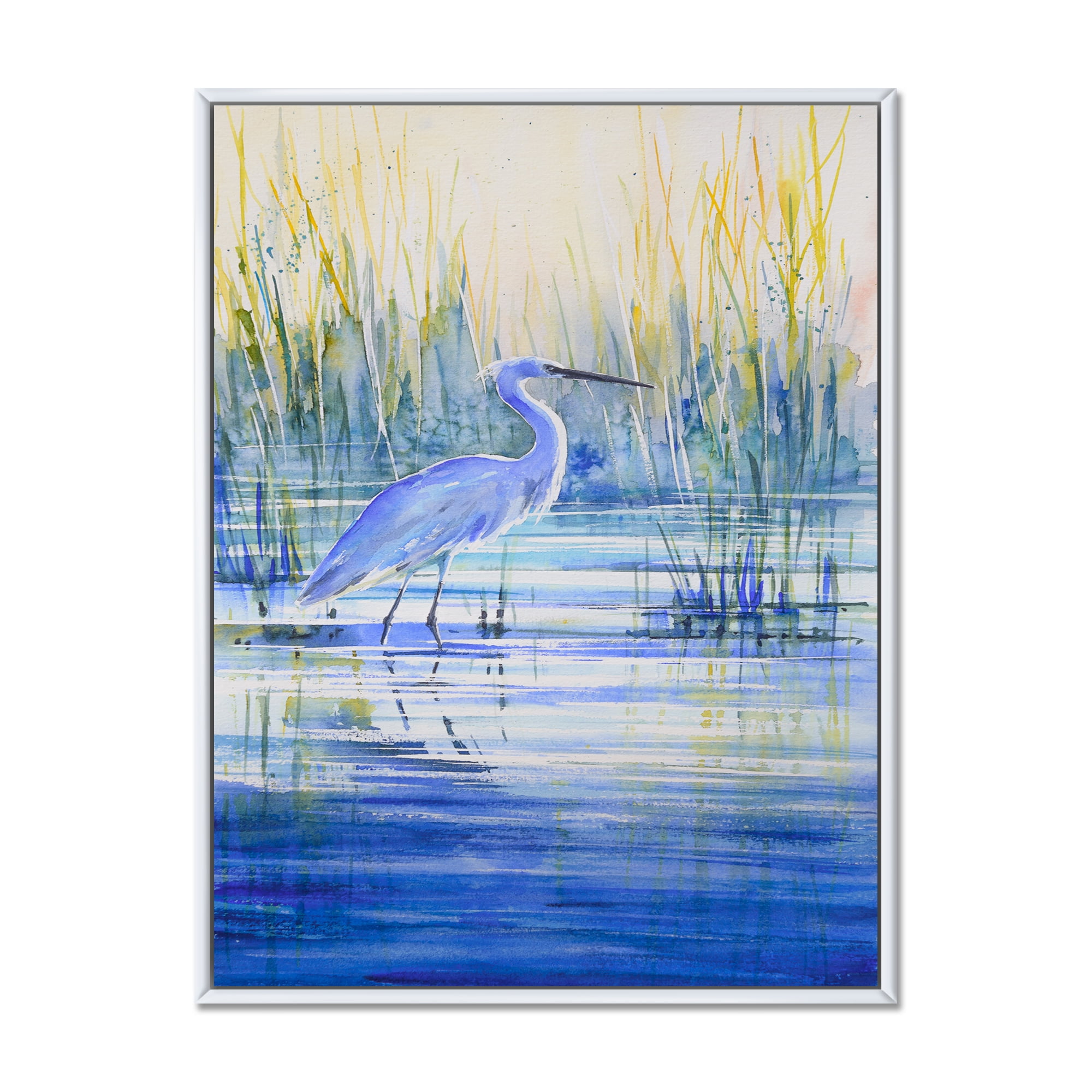 Designart 'Blue Heron On The Lake Shore' Traditional Framed Canvas Wall Art Print