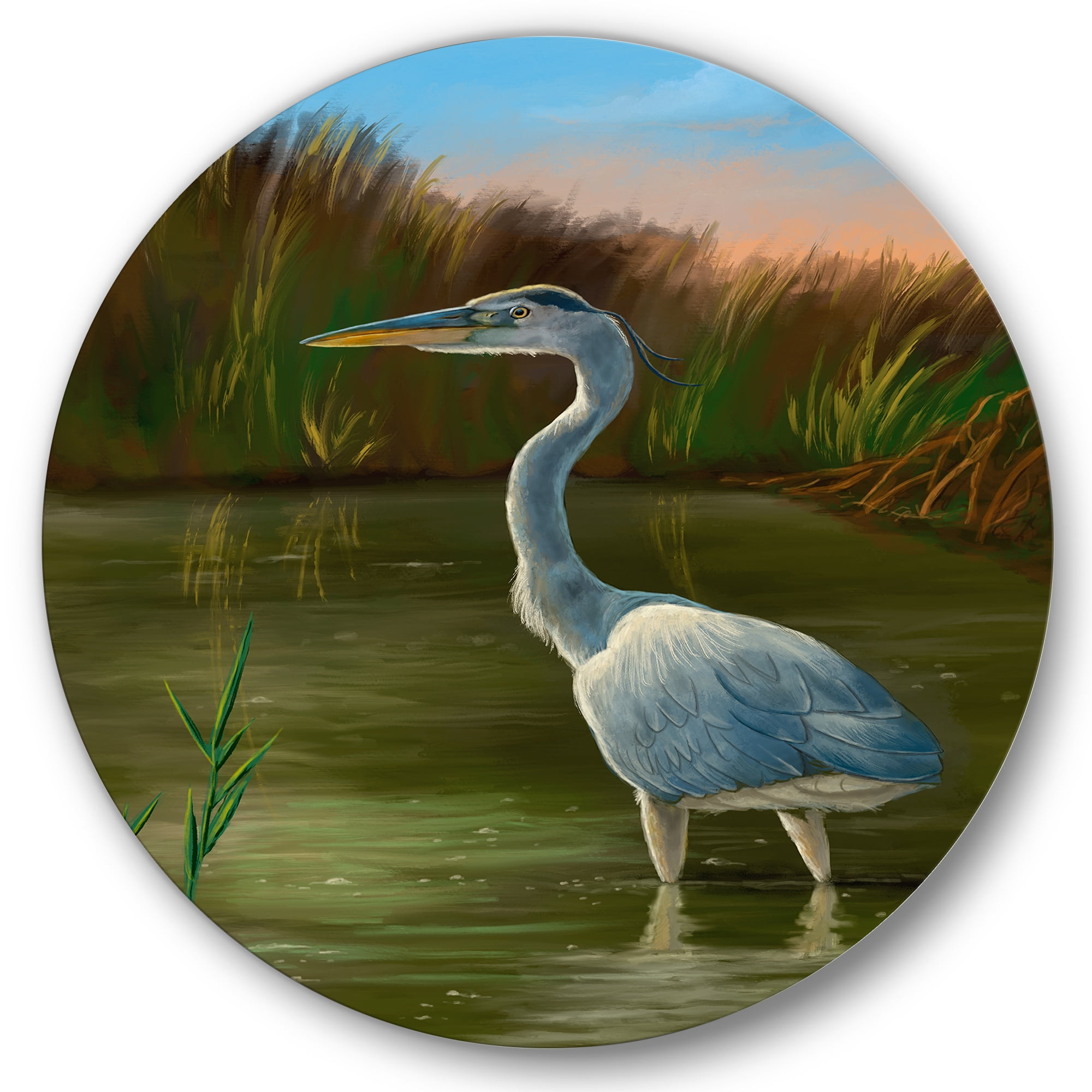 Designart 'Blue Heron Wetland Bird on The Lake Shore' Traditional Circle Metal Wall Art 11x11 - Disc of 11