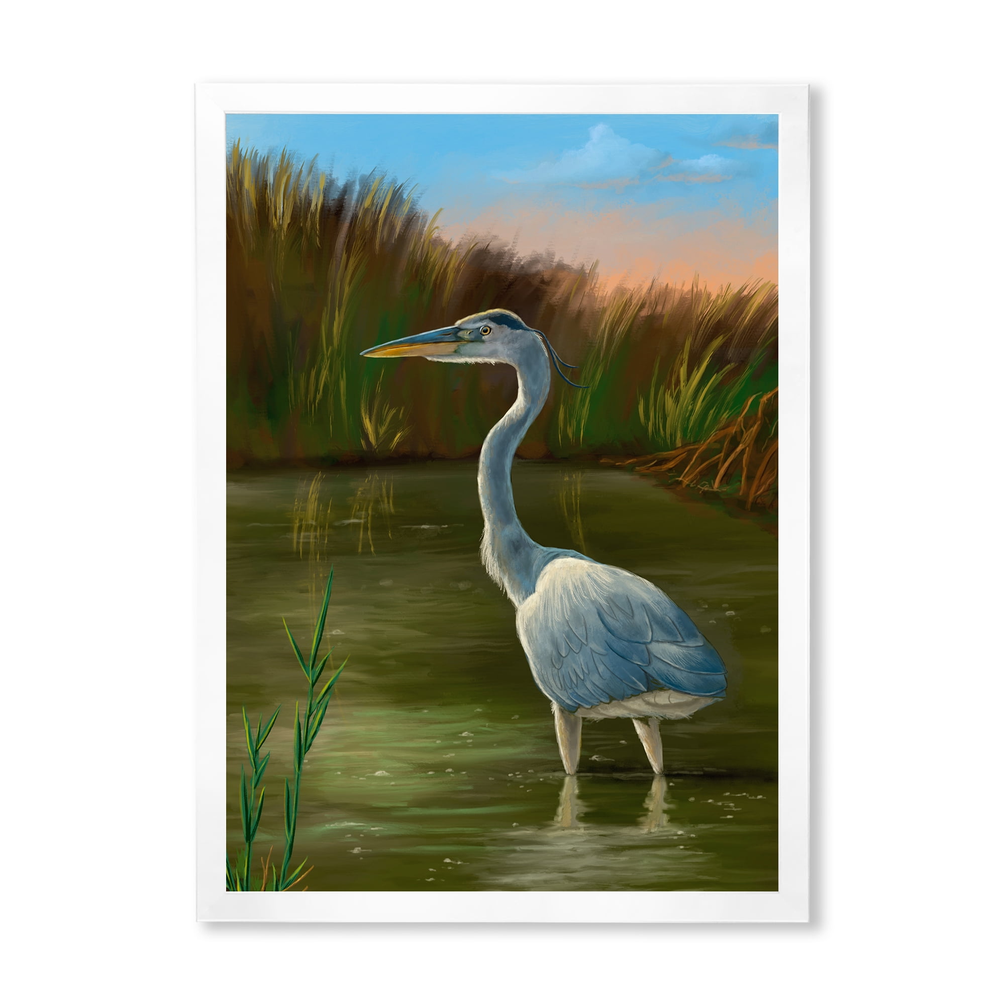 Designart 'Blue Heron Wetland Bird on The Lake Shore' Traditional Framed Art Print