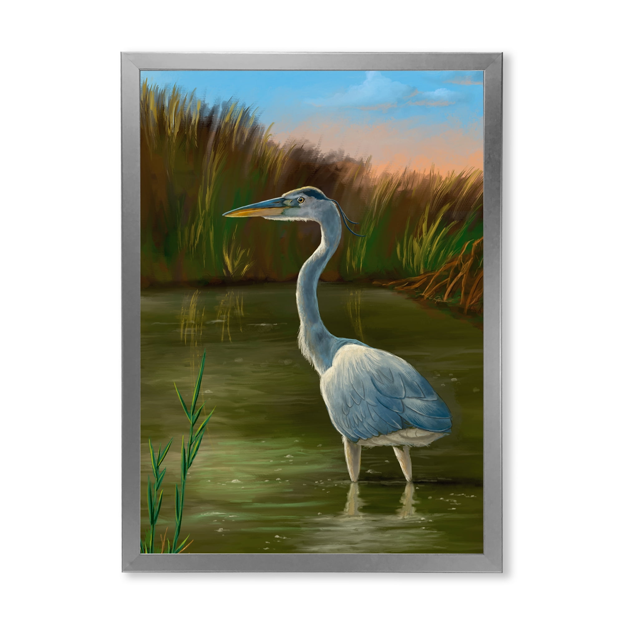 Designart 'Blue Heron Wetland Bird on The Lake Shore' Traditional Framed Art Print