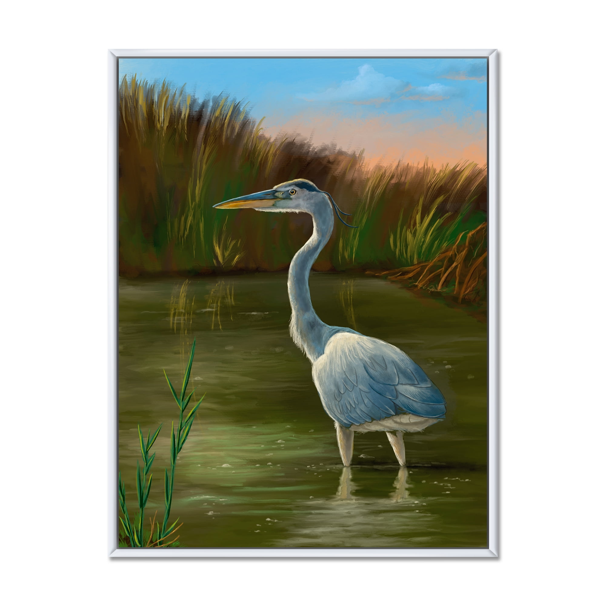 Designart 'Blue Heron Wetland Bird on The Lake Shore' Traditional Framed Canvas Wall Art Print