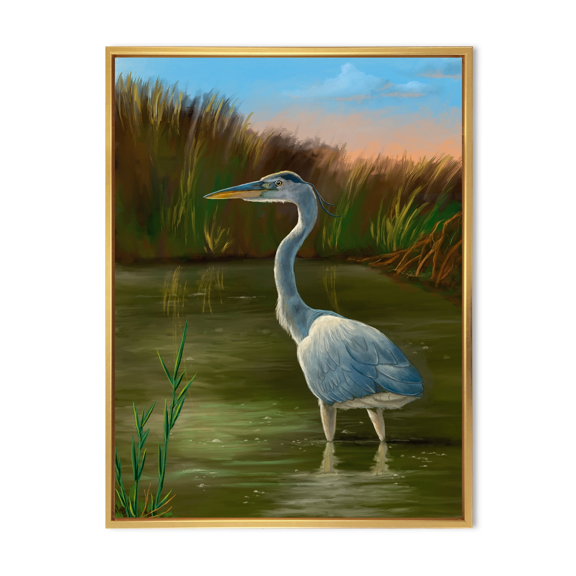 Designart 'Blue Heron Wetland Bird on The Lake Shore' Traditional Framed Canvas Wall Art Print
